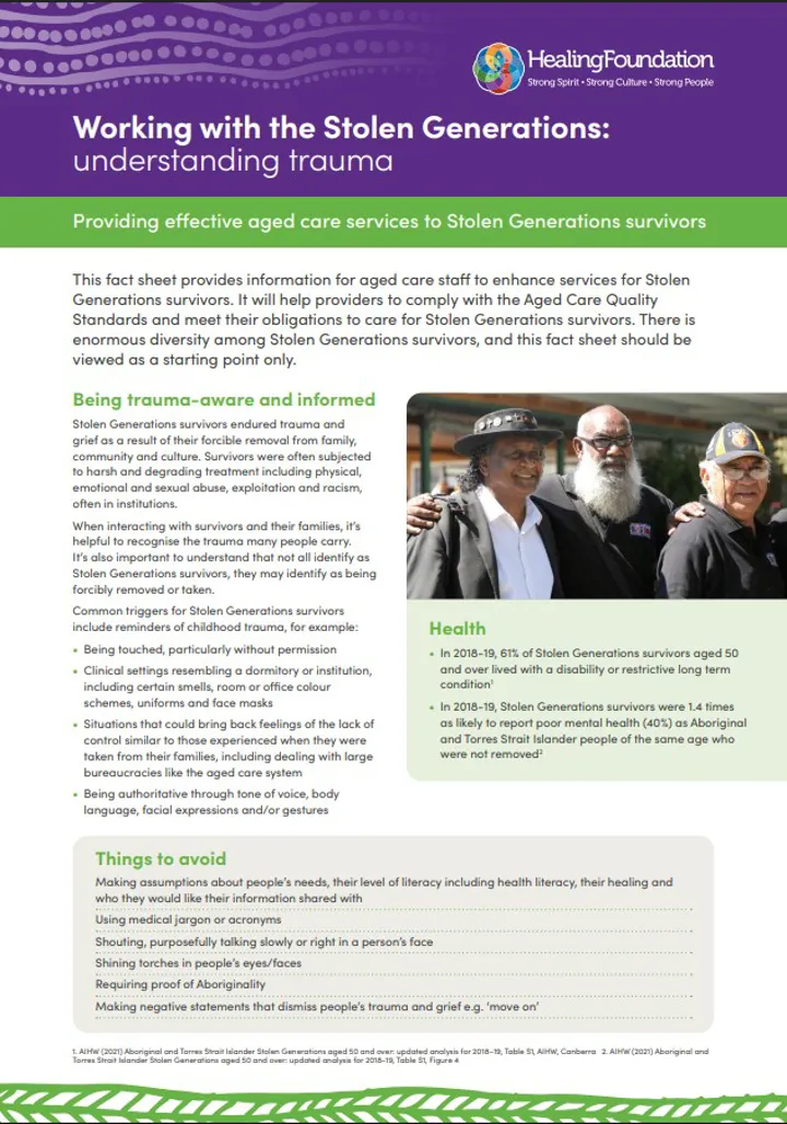 Working with Stolen Generations - Understanding Trauma Aged Care Services Fact Sheet
