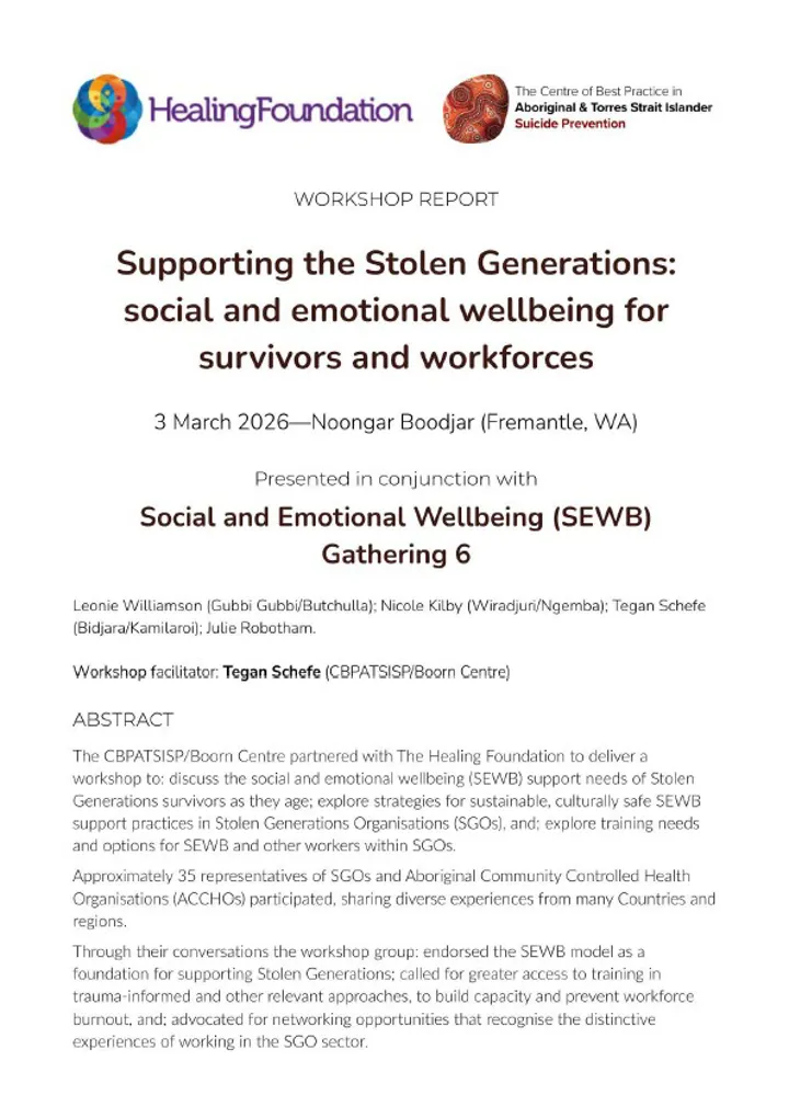 Supporting the Stolen Generations social and emotional wellbeing for survivors and workforces report