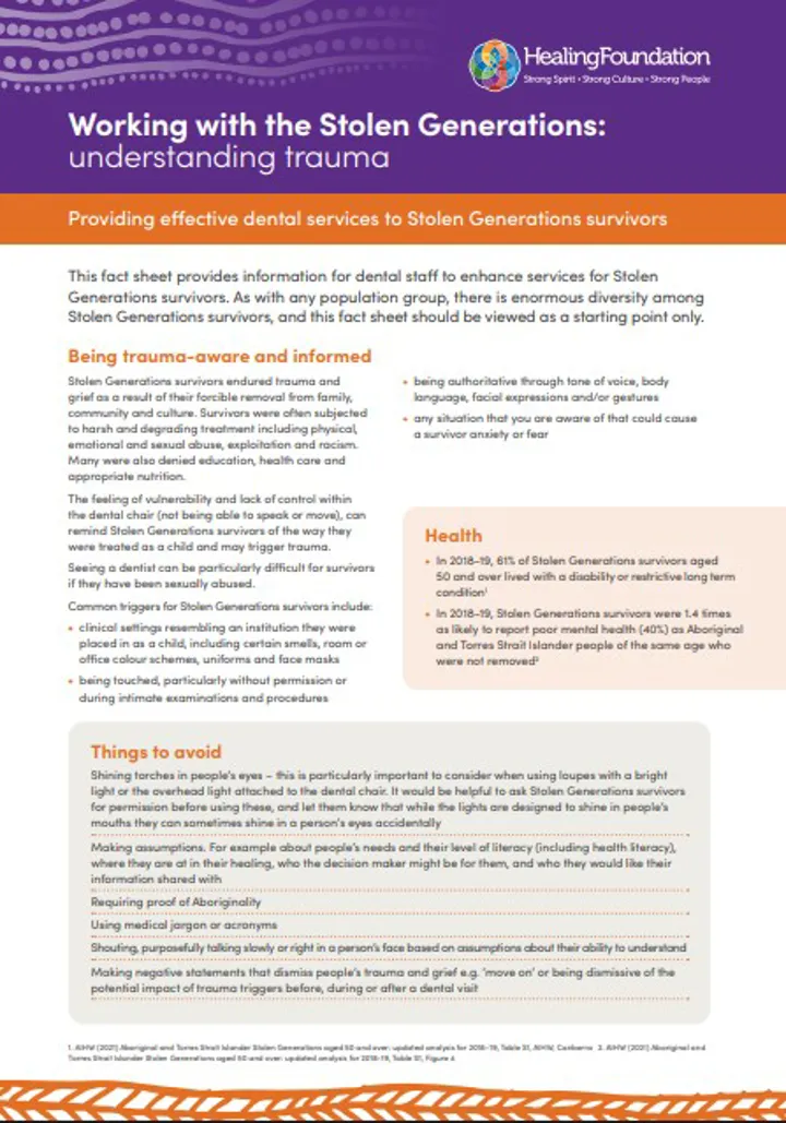 Working with the Stolen Generations: understanding trauma - Dental Fact Sheet 
