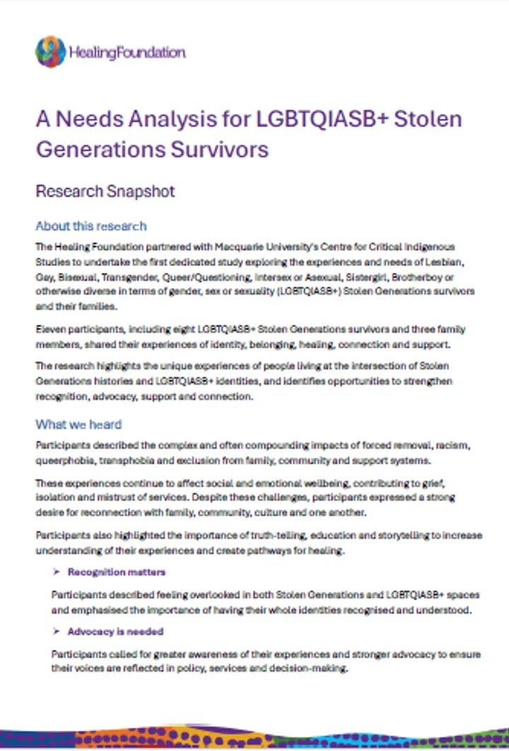  RESEARCH SNAPSHOT - A Needs Analysis for LGBTQIASB+ Stolen Generations Survivors